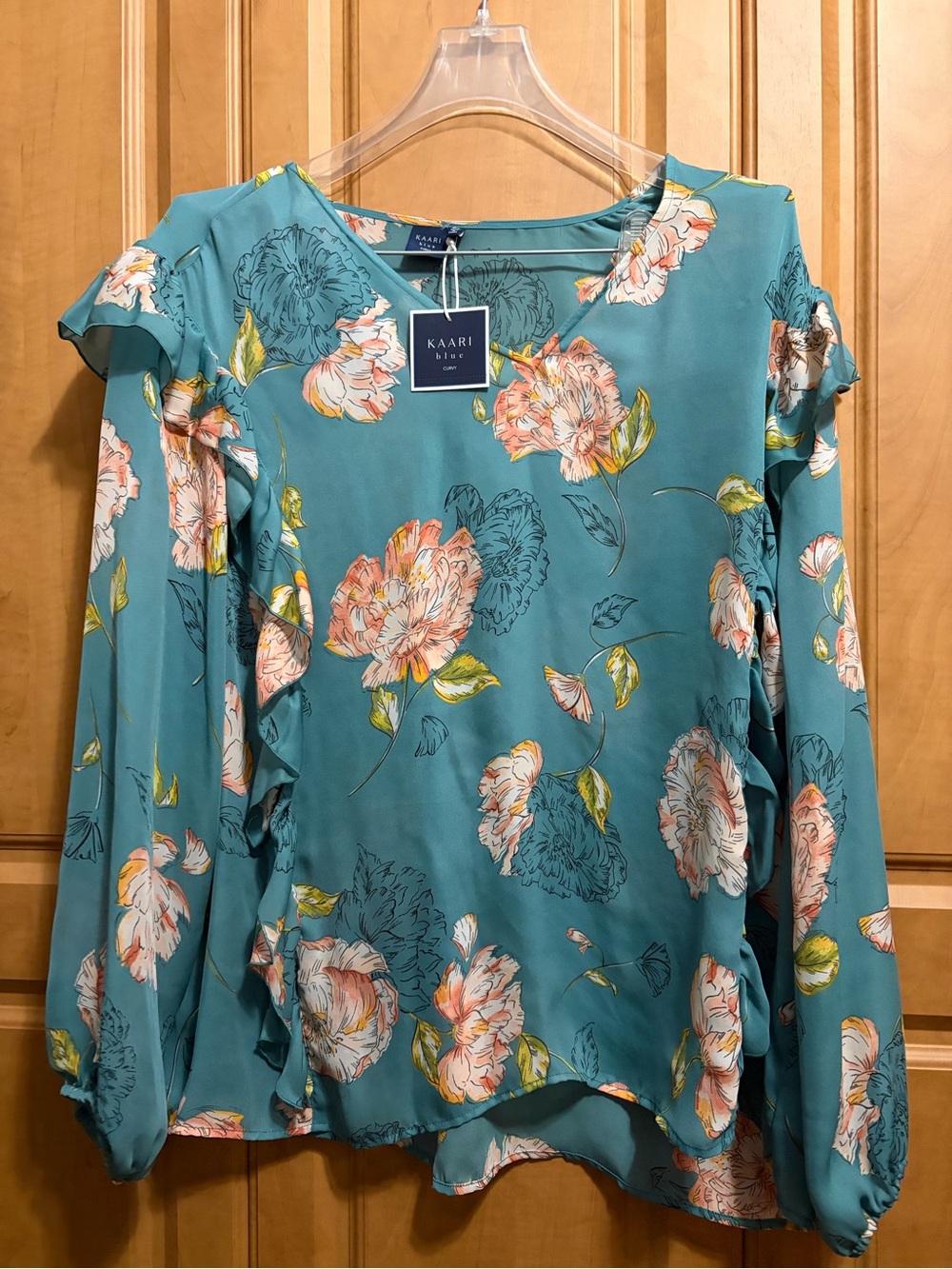 Kaari Blue Teal Floral Ruffle Blouse